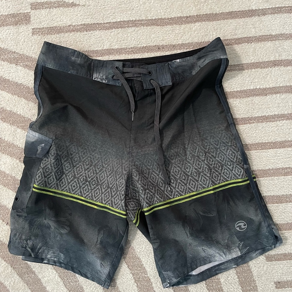 Ocean Current Black and Gray Board Shorts with Green Accents